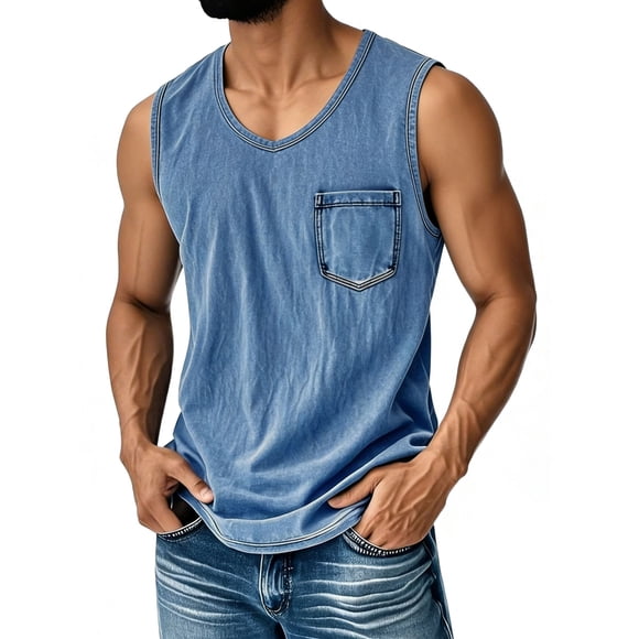 Men's Denim Sleeveless Tank Top With Chest Pocket Relaxed Fit Comfortable Fabric Summer Beach & Errands Wear For Canadian Men,Blue,S