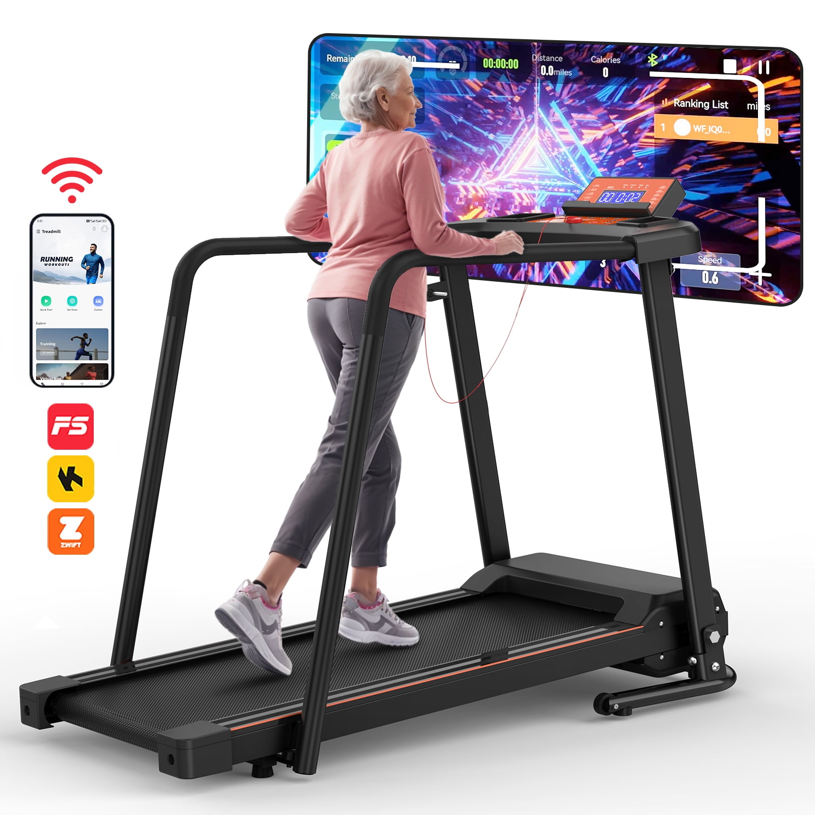 imerelez 3.0HP Walking Treadmill for Seniors - Extended Safety Handrails, 300LB Capacity, Foldable Design for Elderly Home Use​