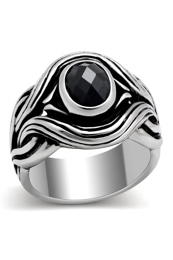 TK307 - High polished (no plating) Stainless Steel Ring with AAA Grade CZ in Jet