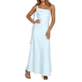 thumbnail image 3 of Satin One Shoulder Maxi Dress for Women Silk Formal Backless Wedding Guest Dresses with Side Splited Color Blue Size S, 3 of 6