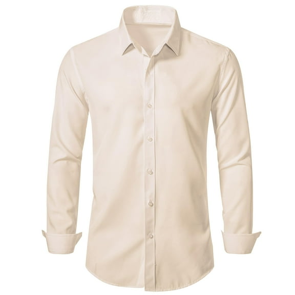 Mens Dress Shirts Long Sleeve Solid Regular Fit Business Formal Stand Collar Slim Shirt Beige L