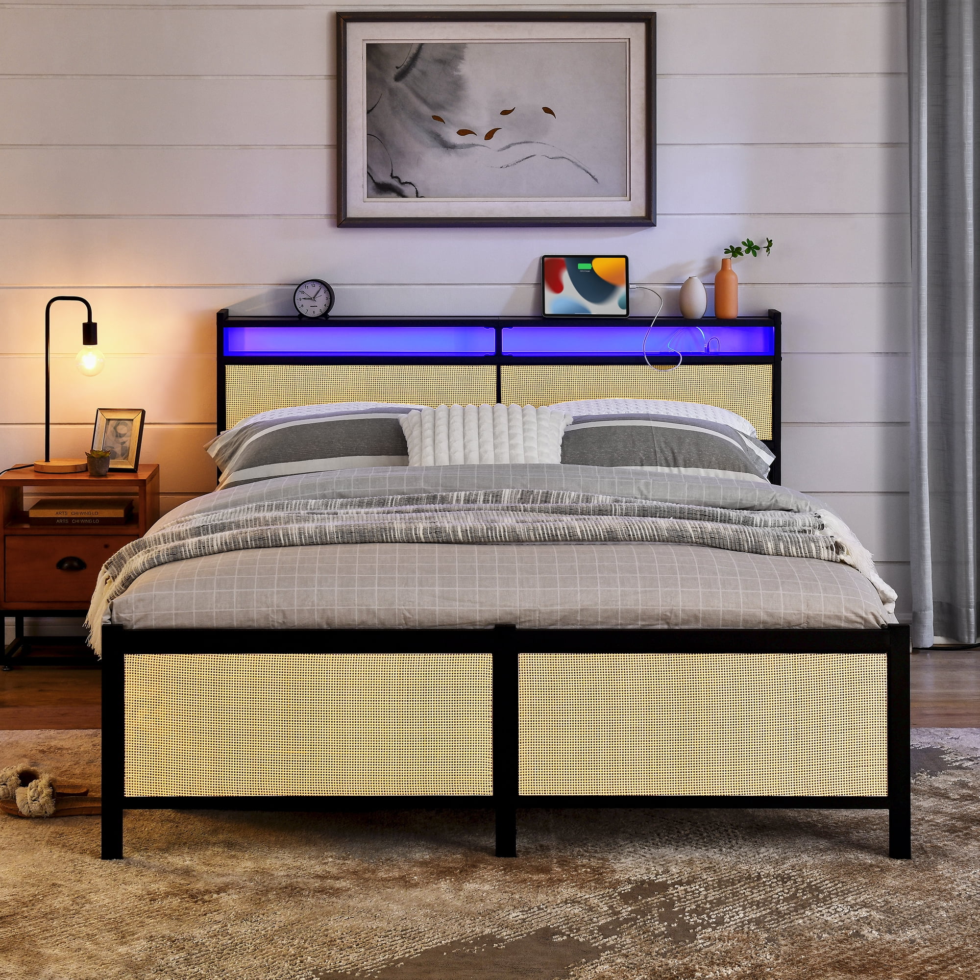 Euroco Metal Queen Platform Bed Frame with Storage Headboard and LED Light for Adults, Beige