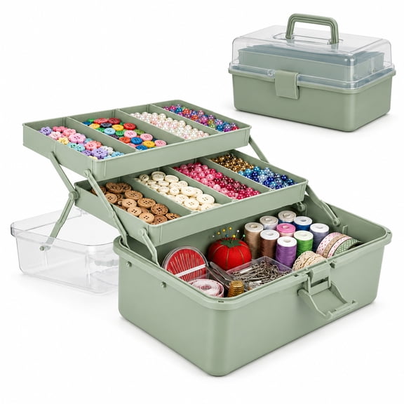 3 Layer Craft Storage Box, 12.8 x 7.1 x 5.5 in Large Storage Box with Compartments and Clear Lid, Multi-Purpose Plastic Tool Container