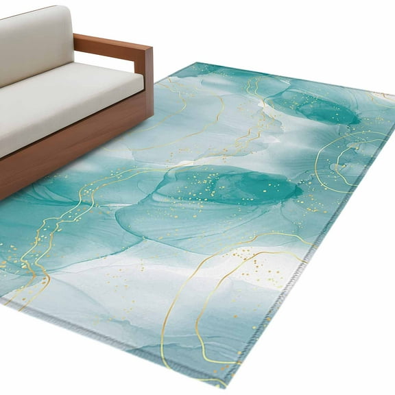 Turquoise Ombre Marble Area Rug 3x5 FT, Non Slip Entryway Bedside Carpet, Yellow Modern Geometric Abstract Art Washable Soft Floor Carpet Indoor Mat Throw Rug for Dorm Kitchen Home Office
