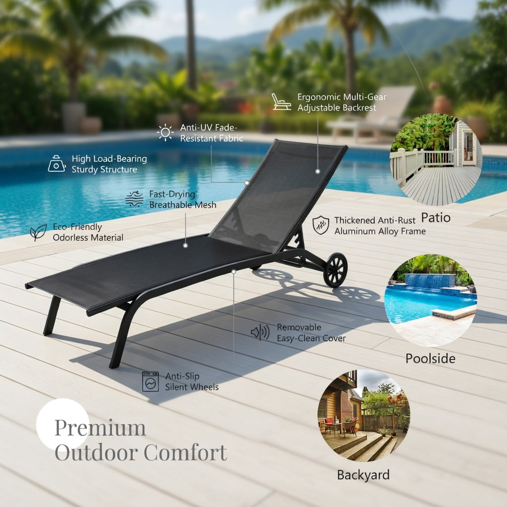 Hommoo 6-Position Adjustable Outdoor Chaise Lounge Chair with Smooth-Rolling Wheels, Steel Frame for Patio, Poolside & Backyard, Black