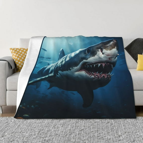 Uemuo 3D Realistic Shark Printed Throw Blanket for Couch, Fluffy Fuzzy Blankets for Bed, Sofa, Cozy Flannel Faux Fur Blanket-