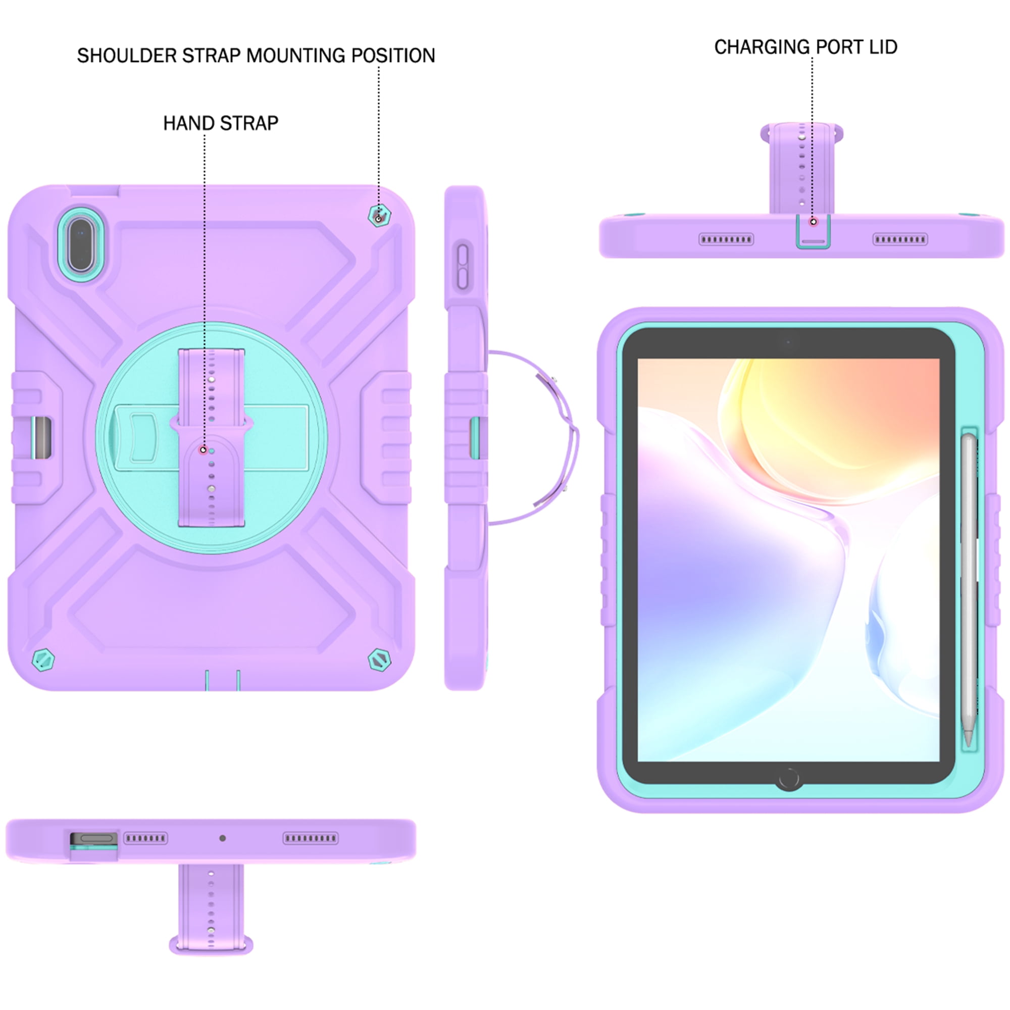 Dteck Kids Case for iPad 10th Generation Case 2022, Military Grade Shockproof Rugged Cover for iPad 10th Gen 10.9 Inch with 360° Swivel Stand - Handle - Shoulder Strap - Pencil Holder,Purple Green