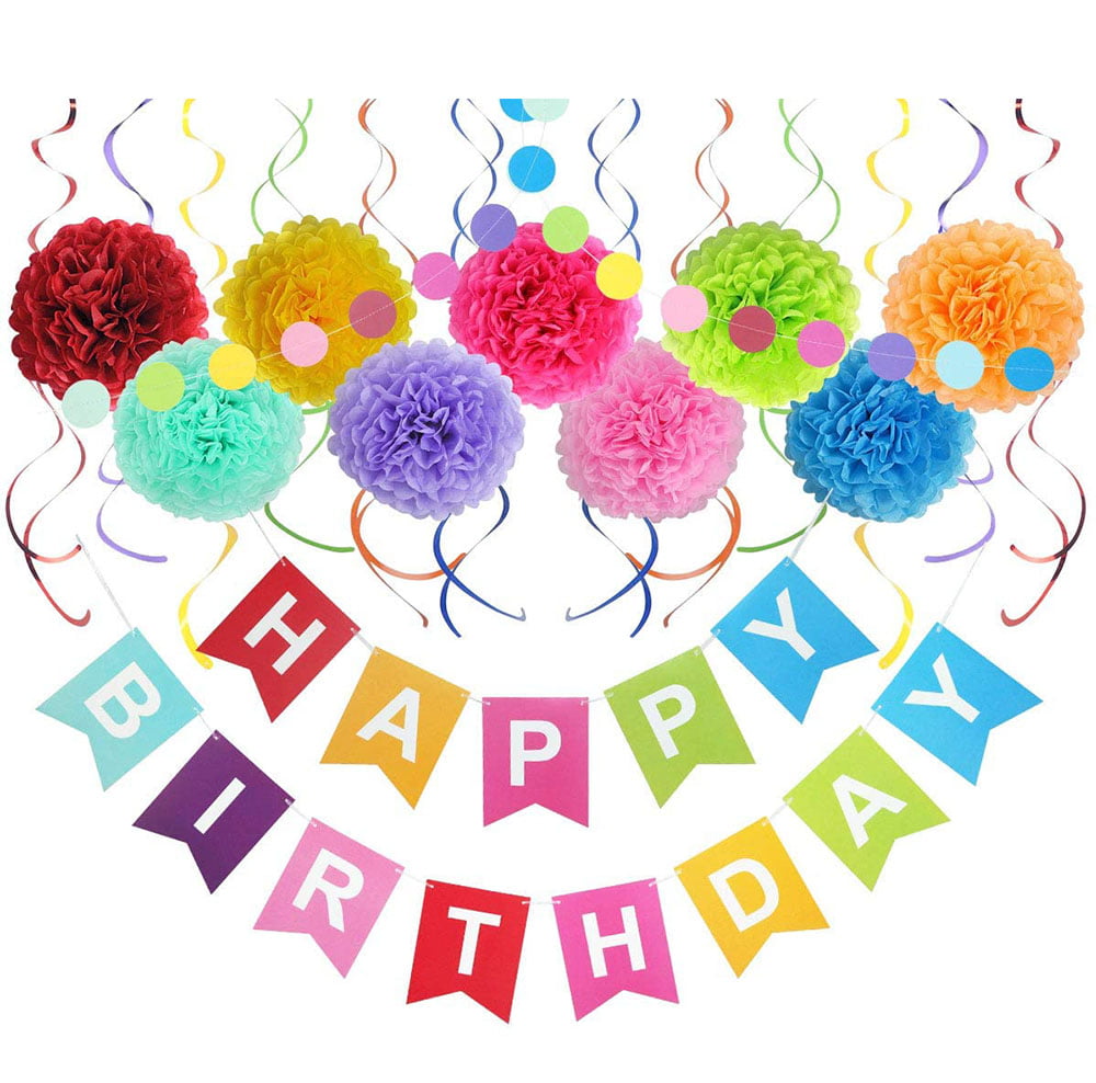 Assembled Happy Birthday Banner with Colorful Hanging Paper Fans for Pastel Rainbow Party Decorations