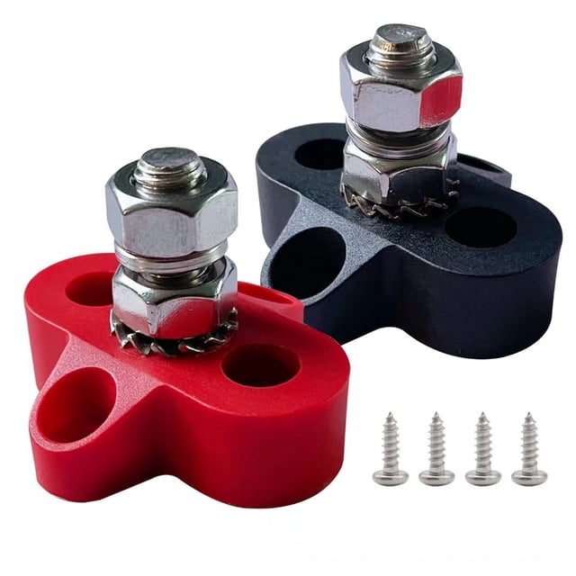 1/4" Single Stud Battery Junction Posts, Ampper Heavy Duty Power and Ground Junction Block Power Distribution Studs Terminal Kit, Pack of 2 (Red and Black)
