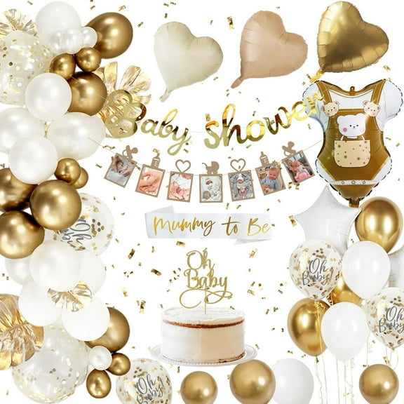 Baby Shower Decorations for Boys or Girls, White Gold Baby Shower Balloons, Photo Banner, Cake Toppers, Baby Shower Balloon for Gender Reveal Decorations