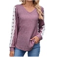 thumbnail image 3 of Loopsun Womens Fall Tops, Long Sleeve T Shirts for Women, Women's Casual Loose Solid V-neck Long Sleeve Lace T-shirt Top Purple, S, 3 of 5
