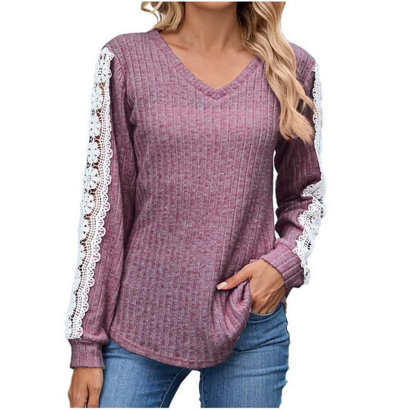 zbxnLI Womens Sweaters Lightweight Lace Long Sleeve V Neck Tunic Tops Wear Leggings Casual Blouses