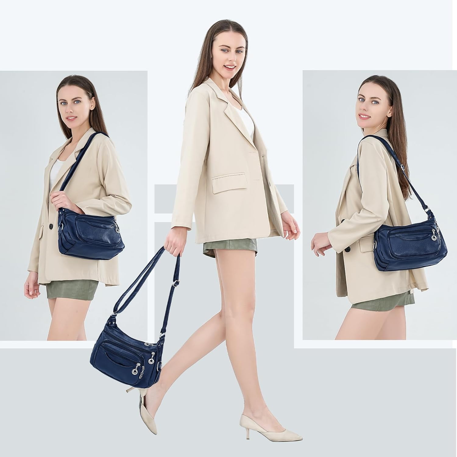 Crossbody Bag for Women Multi Pocket PU Leather Shoulder Handbag Large Capacity Lightweight Purse for Daily Use