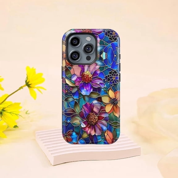 Artistic Stained Glass Floral Mosaic Flower Luminous Colors A536 Protective Case for iPhone 17 16 15 14 13 12 11 Pro Max