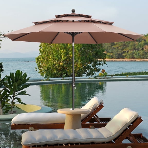 Ainfox 10ft Patio Umbrella 3 Tiers,Outdoor Table Market Umbrella w/Tilt Adjustment and Crank for Garden,Deck,Beach,Backyard,Pool,Coffee