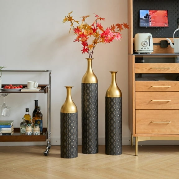Floor Vases Set of 3 - Black and Gold Metal, 34.25in/30.31in/24.8in, Ideal for Mother's Day & Weddings