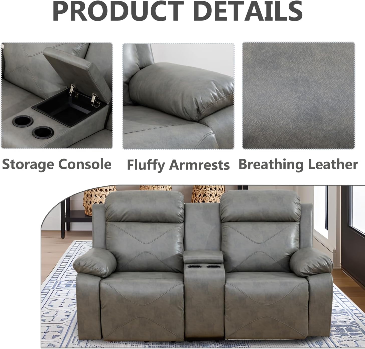 PonLiving Power Leather Recliner Loveseat with LED Lights,with USB Port/Storage Console/Cup Holders. Grey