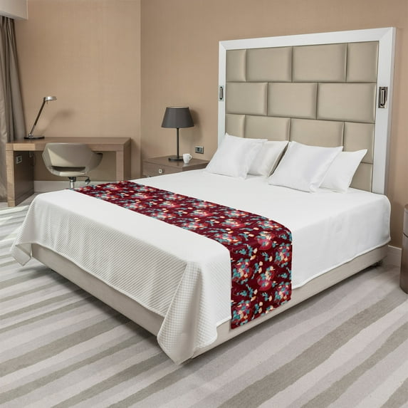 Floral Bed Runner, Continuous Bindweed Japanese Traditional Illustration, Decorative Accent Bedding Scarf for Hotels Homes and Guestrooms, King, Maroon Sea Blue, by Ambesonne