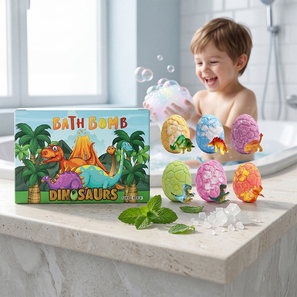 Bath Bombs for Kids with Surprise Toys Inside, 6 Pack Organic Dinosaur Bath Bombs Gift Set, Natural Dinosaur Egg Bubble Bath, Easter Gifts for Kids, Easter Basket Stuffers, Bubble Bath Toys