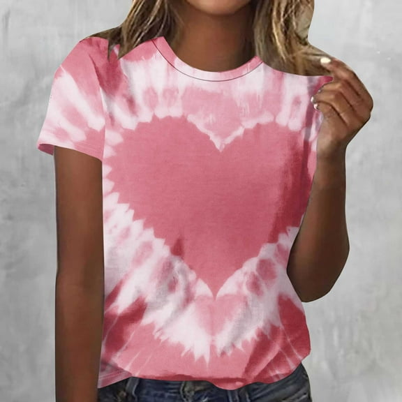 EchfiProm T shirts for Women Graphic Tee Love Heart Short Sleeve Pink Cute Summer Lovers Shirts Valentine