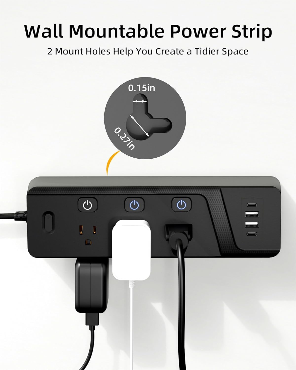 Surge Protector Power Strip with Individual Switches, 6 Wide Spaced Outlet 4 USB Ports (2 USB C), 6 ft Extension Cord with Switch On/Off, 3 Prong Flat Plug, Wall Mount for Travel Home Office (Black)