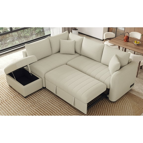 Beige L-shaped Sectional Pull-Out Sleeper Sofa with USB Ports, Power Sockets and Movable Storage Ottoman
