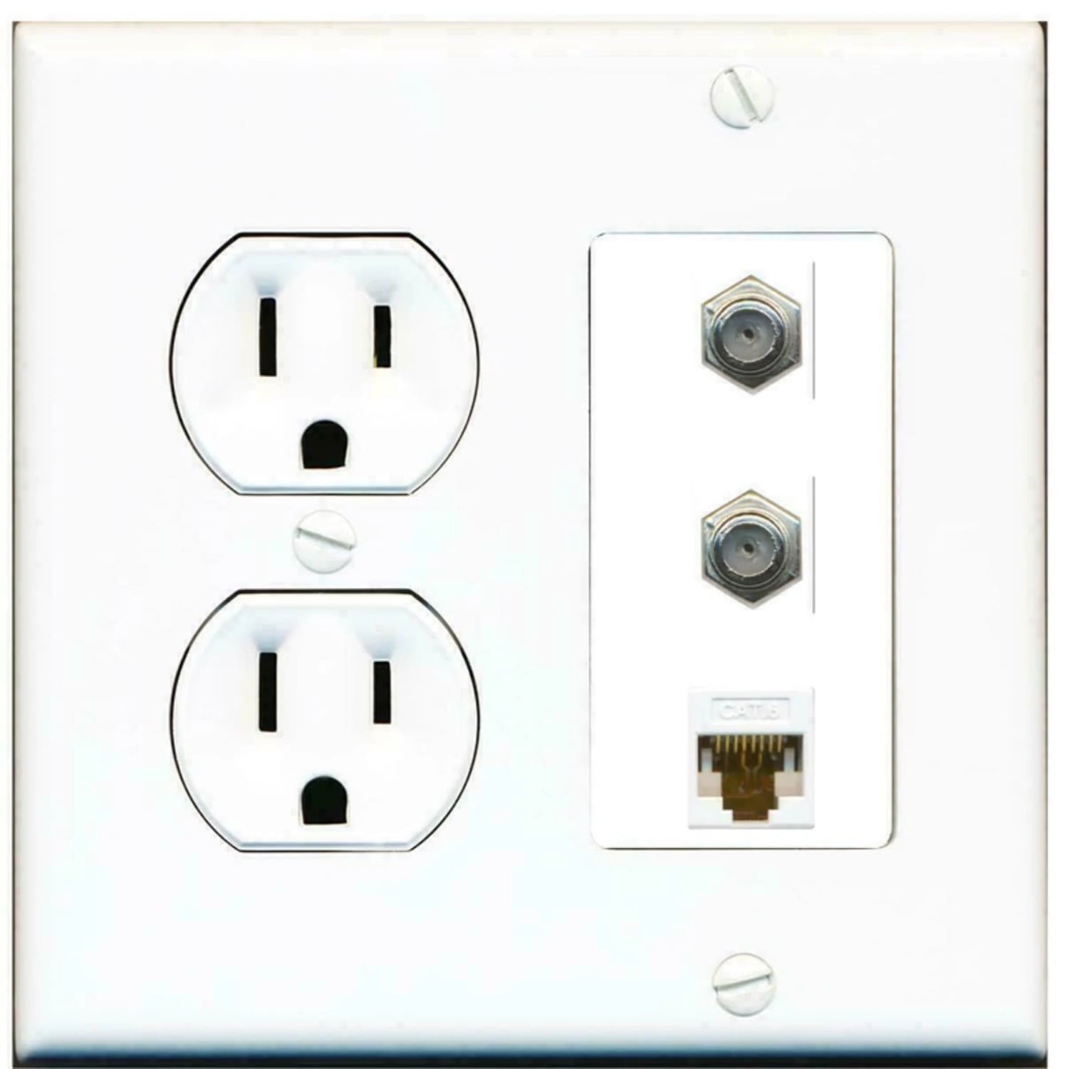 HDTV 2 GANG Wall Plate Outlet 15A 125V 4x HDMI 1x CAT6/CAT5E 1x F Type Coax