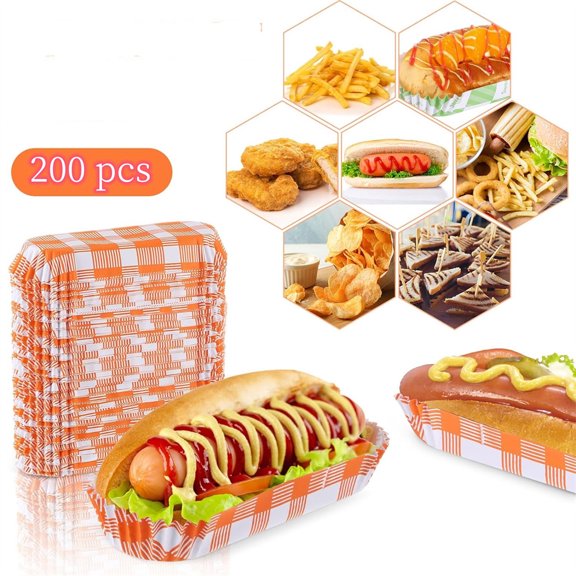 200 Pcs Paper Hot Dog Trays,5.5 Inch Fluted Hot Dog Wrapper Holder for To Go Hot Dogs,Snacks,Rectangular Food Trays for Takeout, Concessions Stands,Disposable Hot Dog Wrappers,Orange