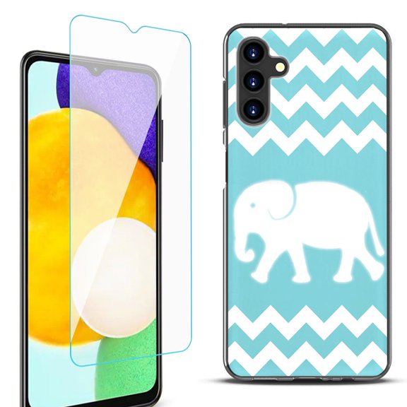 Slim-Fit Protective Fashion Phone Case (Black) for Samsung Galaxy A13 5G, with Tempered Glass Screen Protector, by OneToughShield ® - Chevron/Elephant