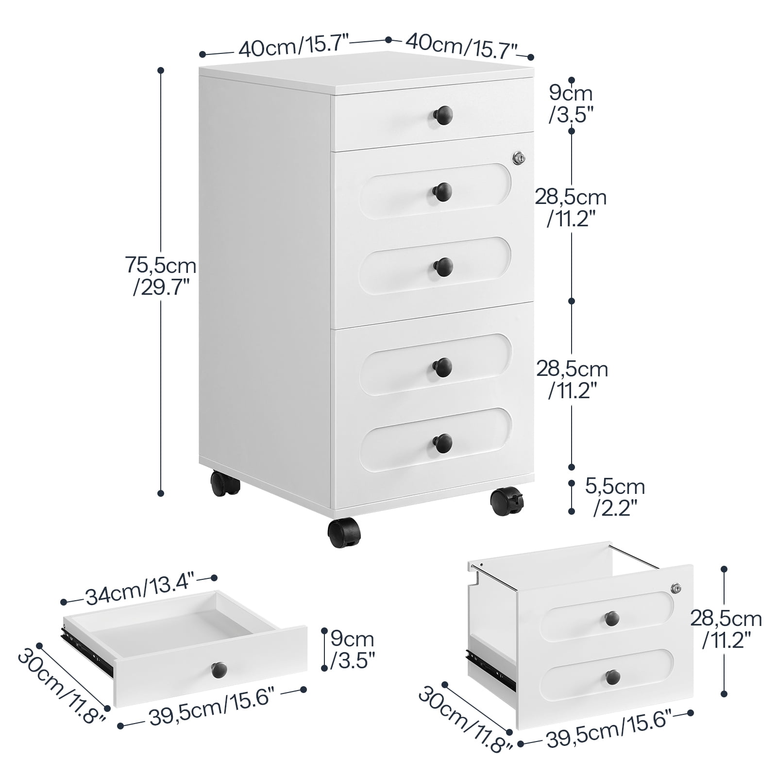 HOOBRO 3 Drawer File Cabinet with Lock, Wooden Farmhouse Office Storage Cabinet, Under Desk Mobile Filing Cabinet fits Letter / A4 Size for Home Office, Modern Rolling Printer Stand, White WT32WJ01