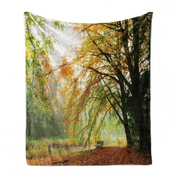 Forest Soft Flannel Fleece Blanket, Autumn View in a Forest with Faded Color Leaves European Northern Dutch Fall Image, Cozy Plush for Indoor and Outdoor Use, 50" x 60", Orange Green, by Ambesonne
