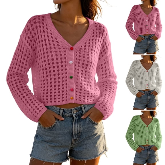 Asxite Women Summer Tops Long Sleeve Knit Crochet Cover Up Beach Swimsuit Bikini Solid Sheer Shirts