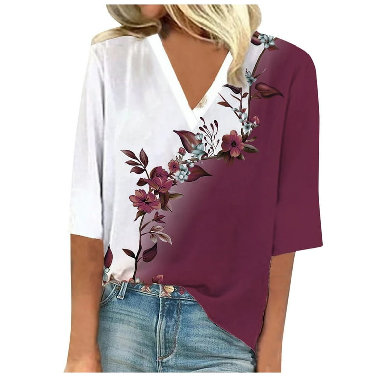 Casual Floral Print Embroidered V Neck Tops Casual Floral Print Embroidered V Neck Tops