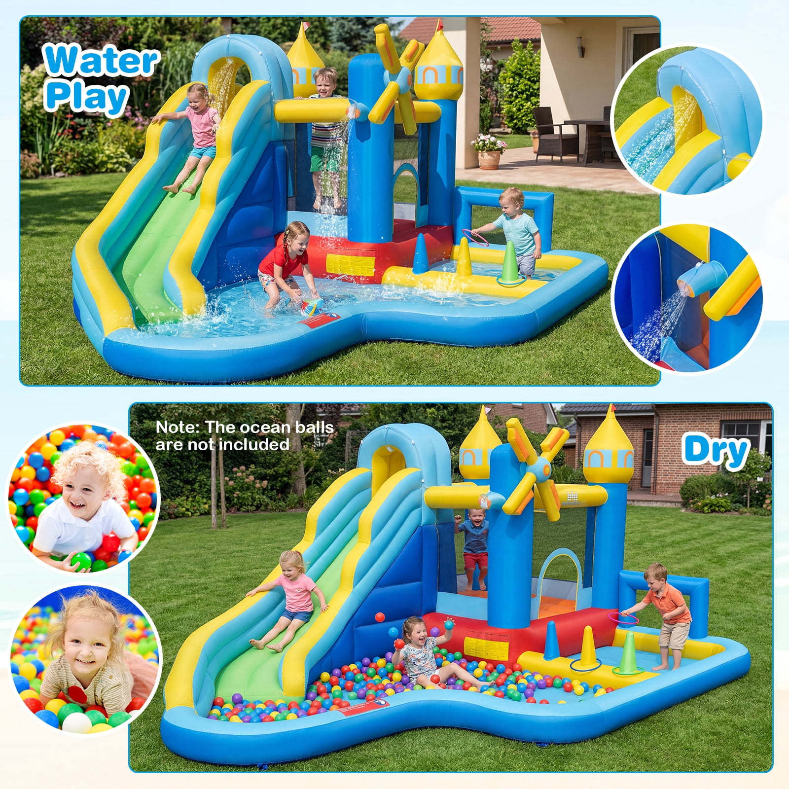 Costway Inflatable Water Slide Park with Slide, Jumping Area, Splash Pools, 680W Blower