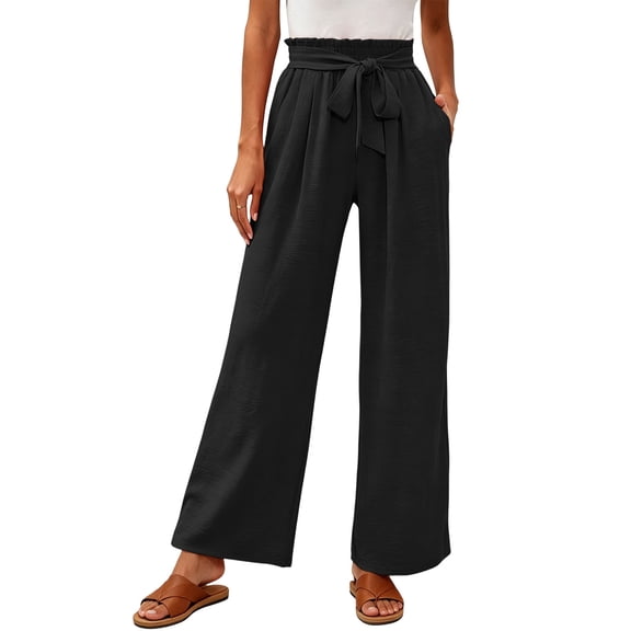 ZHYou No Boundarie Flowy Pants for Women Tied Elastic Waisted Breathable Lightweight Casual Wide Leg Trousers,Black,Size L