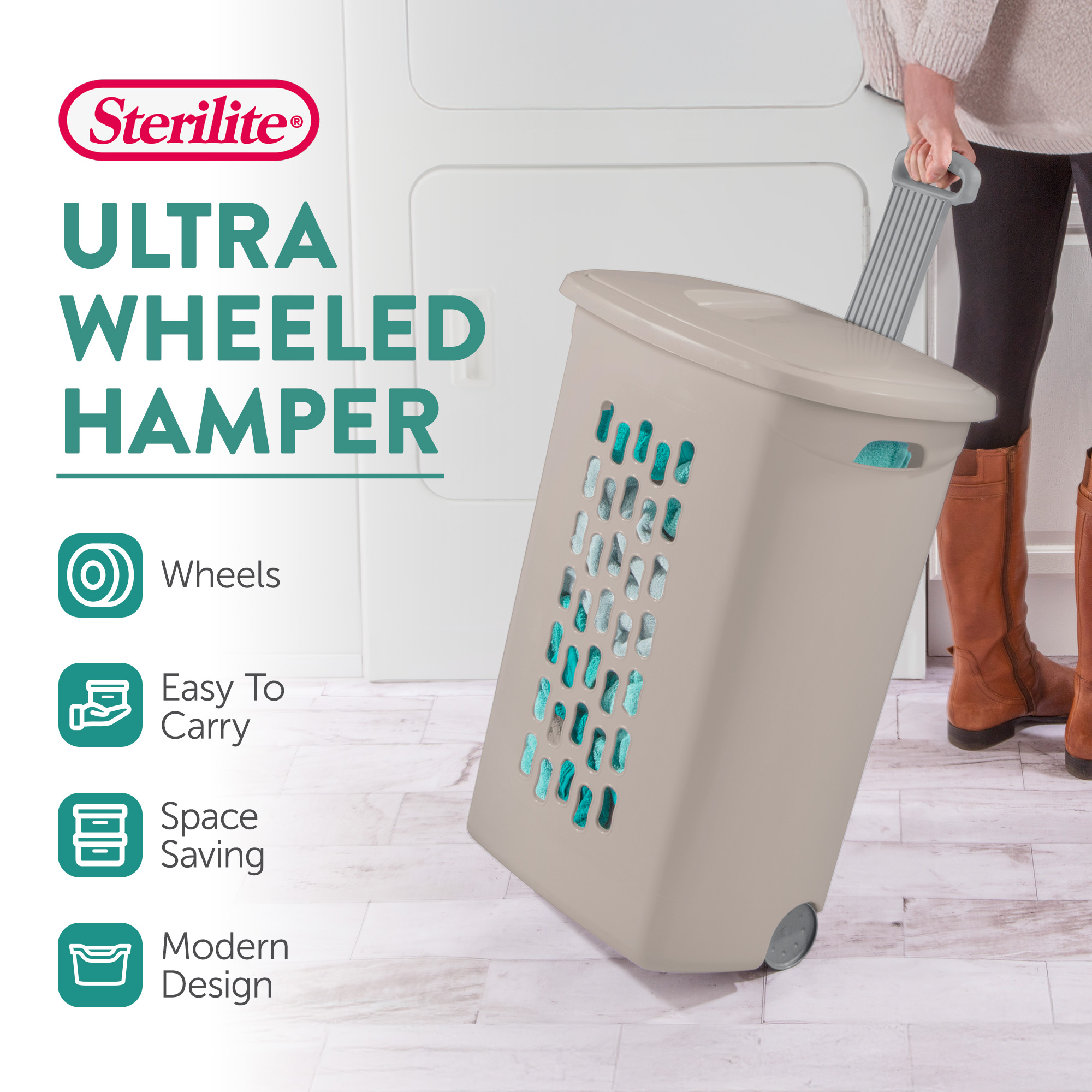 Sterilite 3-Pack Ultra Wheeled Hamper, Laundry Basket with Lid and Handle, Gray Pumice