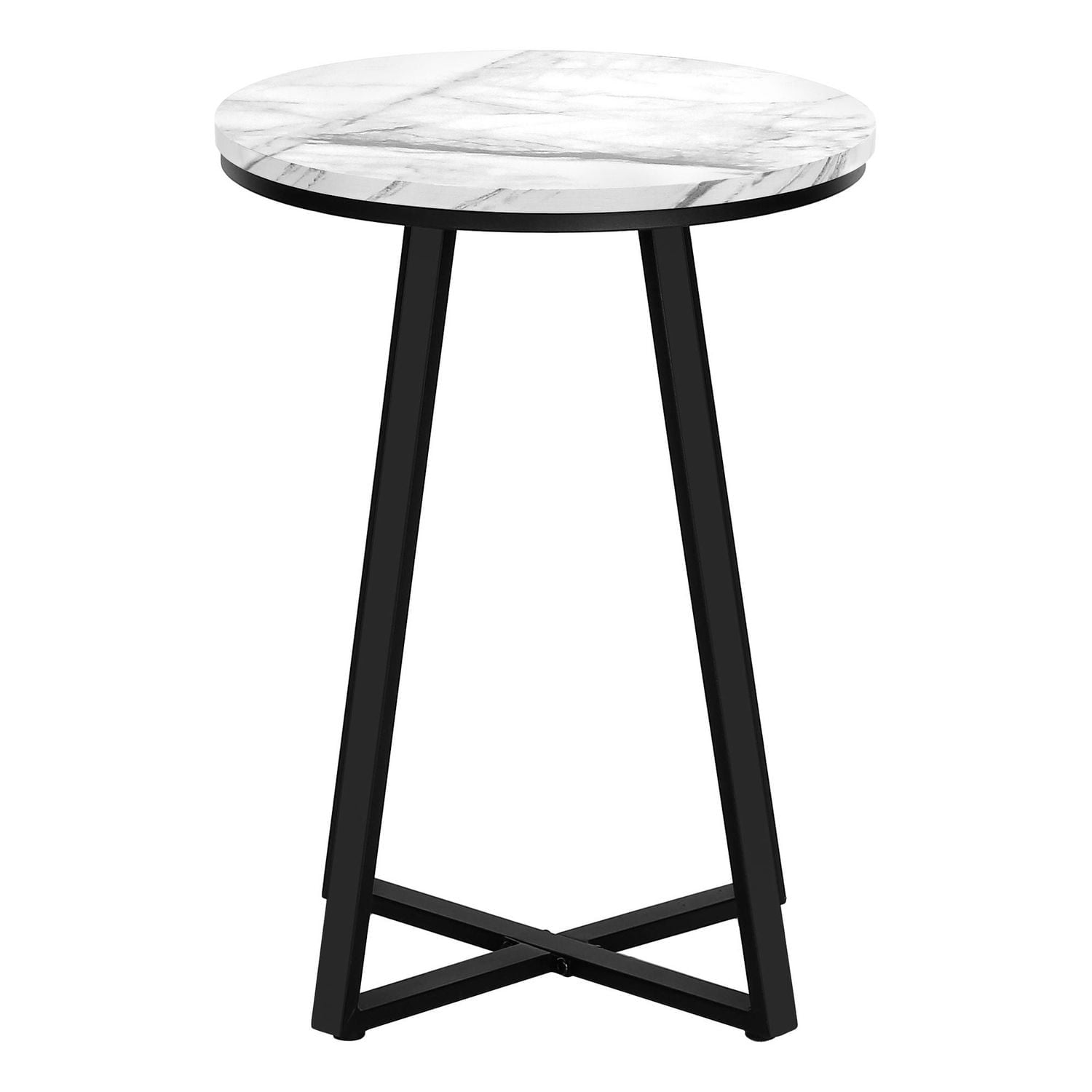Monarch Specialties Accent Table, Side, Round, End, Nightstand, Lamp, Living Room, Bedroom, White Marble Look Laminate, Black Metal, Contemporary, Modern