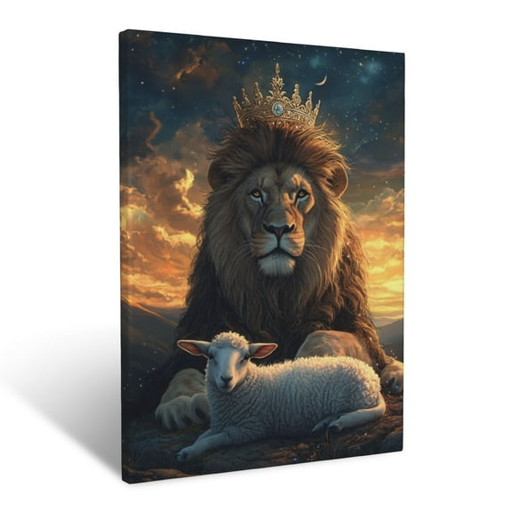 CozyNet A Majestic Lion With A Crown, Lying Peacefully With A Lamb Under A Glowing Horizon Wall Art Prints With Frame Canvas Perfect for Living Room & Bedroom, Ready to Hang, Wall Decor 12"x16"