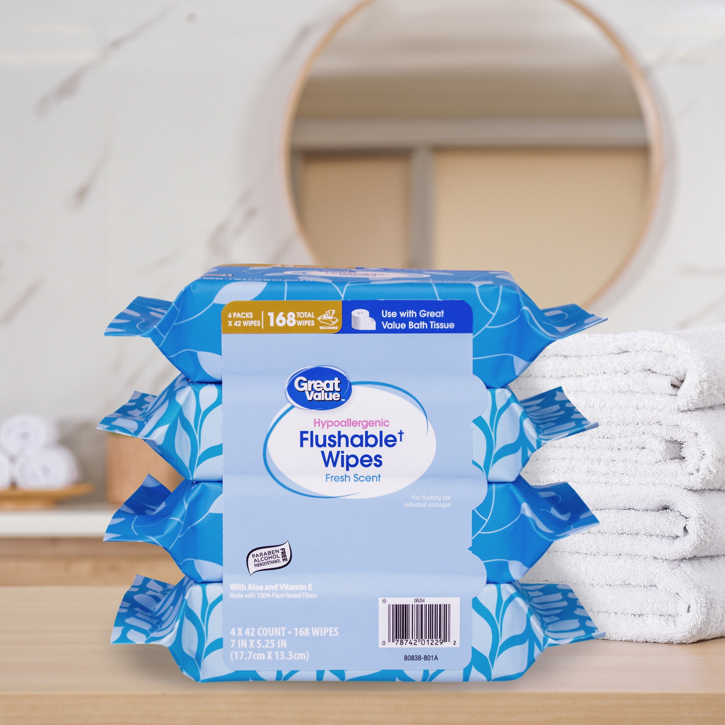 Great Value Flushable Wet Wipes, Fresh Scent, 4 Packs of 42 Wipes, 168 Total Wipes