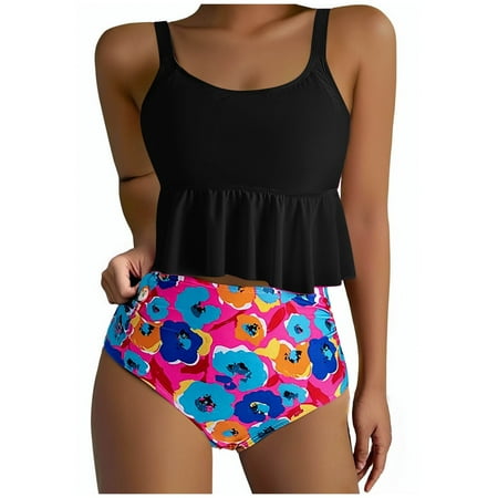 Taqqpue Beach Vacation Swim Suits for Women 2025 Tankini Swimsuits High Waisted Bikini Sets Two Piece Swimsuits Tummy Control Bottun Ruffled Flounce Tops Scoop Neck Cheeky Bathing Suits
