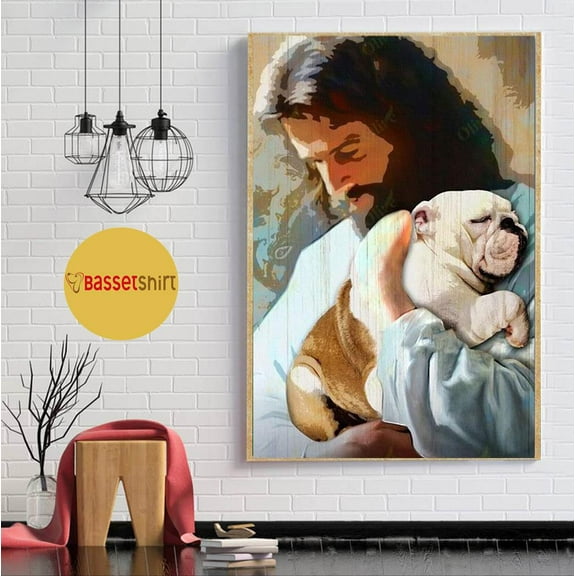 Jesus hugs Bulldog wall art poster 11 x 17 Inch Poster