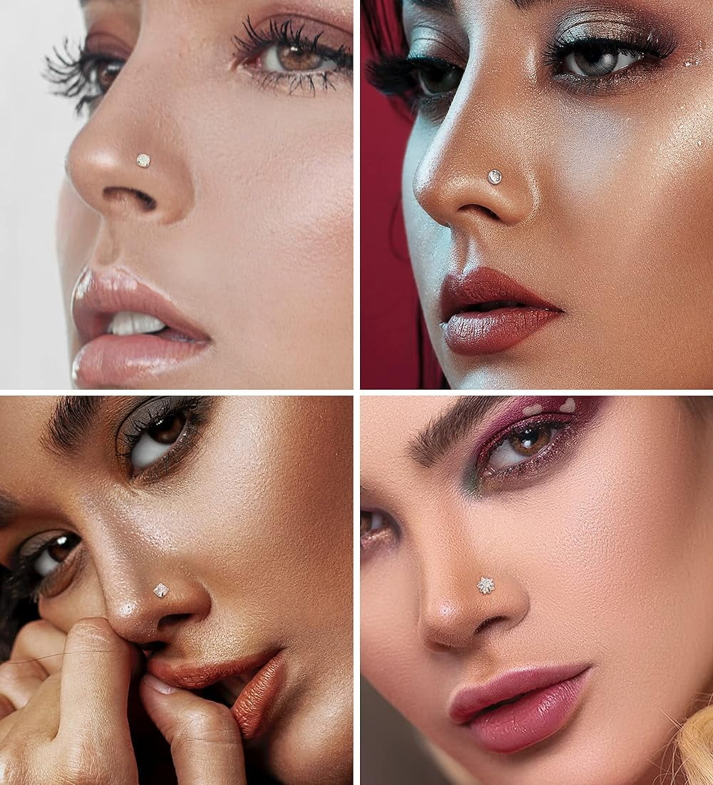 Lot De 12 Piercings De Nez En Acier Chirurgical - Formes L, Diamant, Fleur, Papillon, Cœur - 12