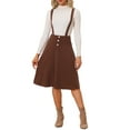 thumbnail image 2 of INSPIRE CHIC Women's Button Decor Solid Color Overall Dress Flared Midi Suspender Skirt Brown S, 2 of 6