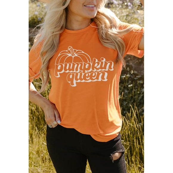 POGLIP Women's Orange Pumpkin Queen Graphic Print Crew Neck T Shirt