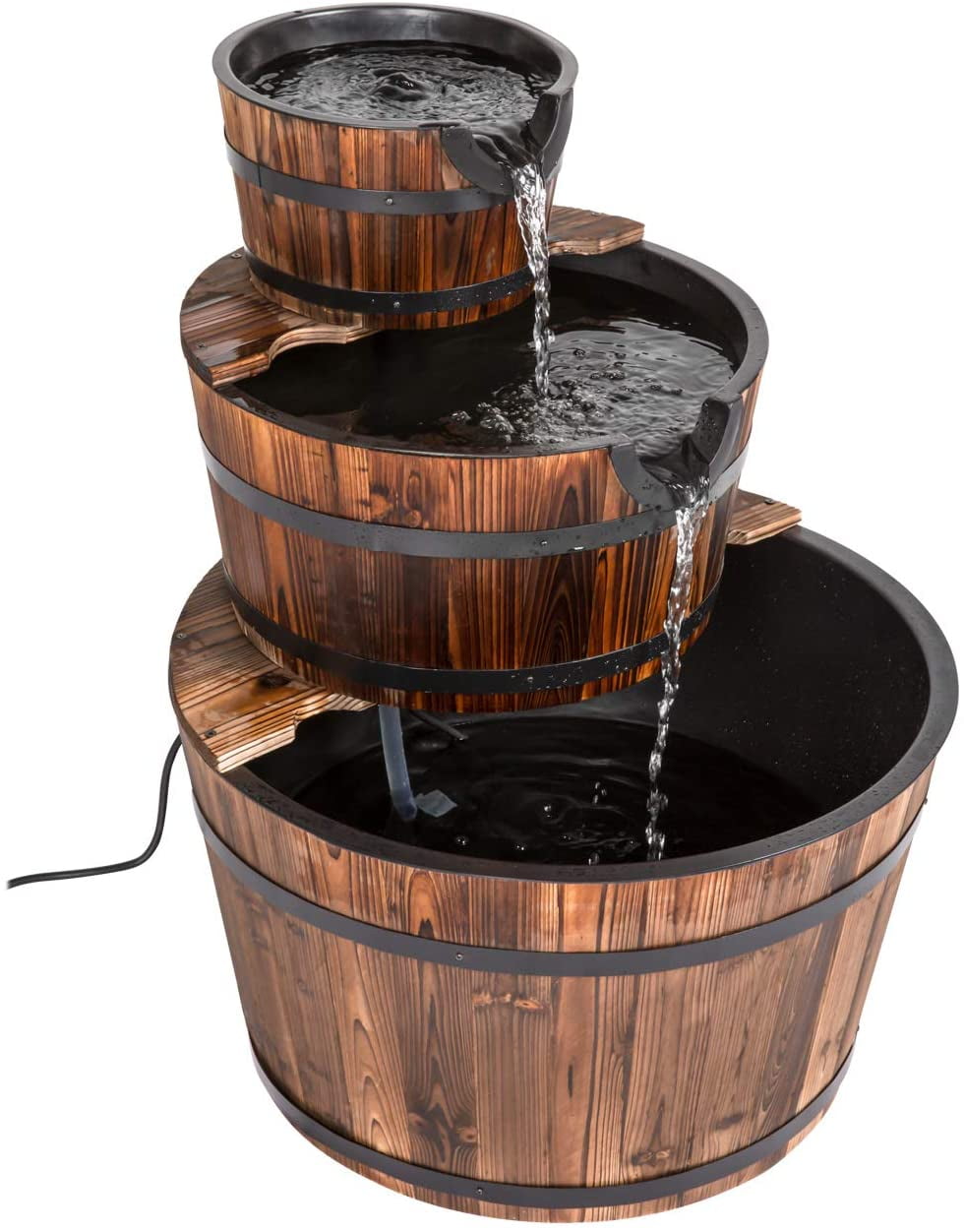 Outdoor Garden Rustic Wood Barrel Waterfall Fountain with Electric Pump 3 Style 