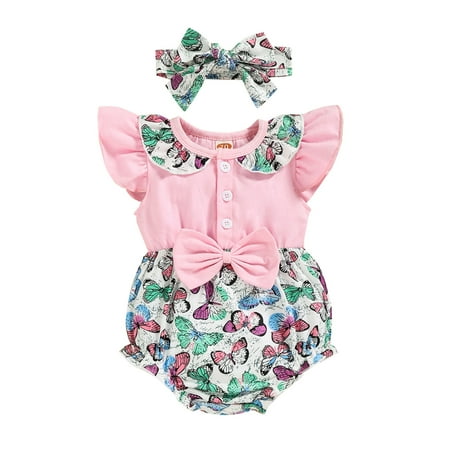 

Rovga Baby Girl Bodysuits Fly Sleeve Floral Printed Bowknot Romper Bodysuits Headbands Set