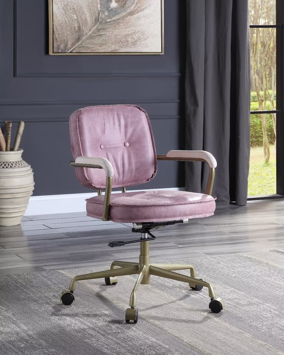 Aurora Pink Top Grain Leather Swivel Accent Chair with Fixed Arms
