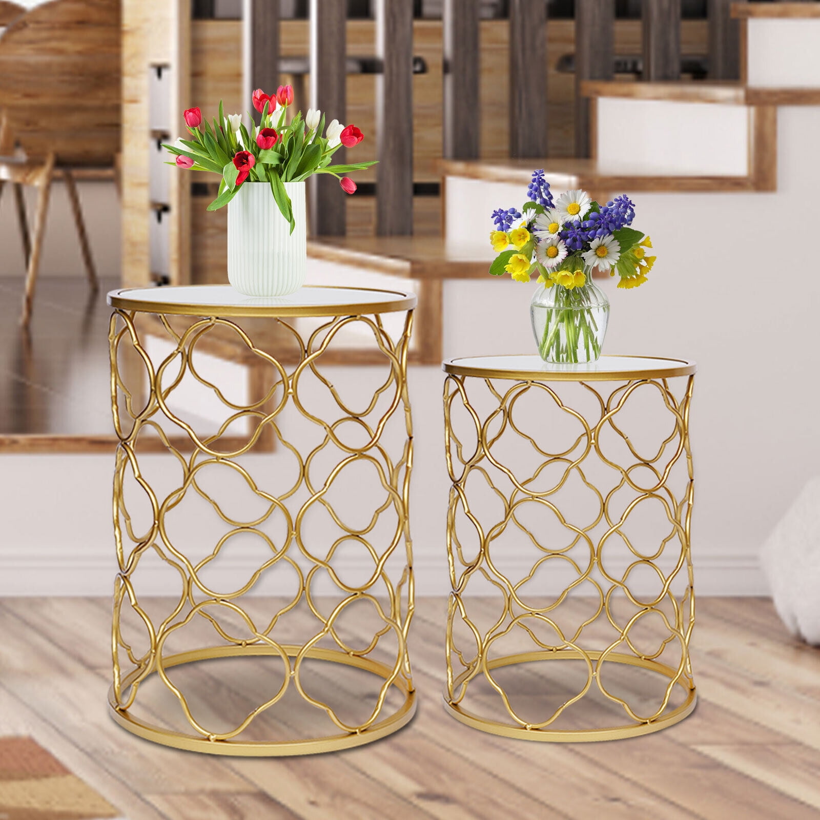 Set of 2 Gold Side Tables Elegant Round Metal Nesting Side End Table