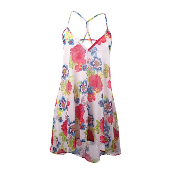 Miken Women's Floral Spaghetti Chiffon Swim Coverup (M, White/Coral)