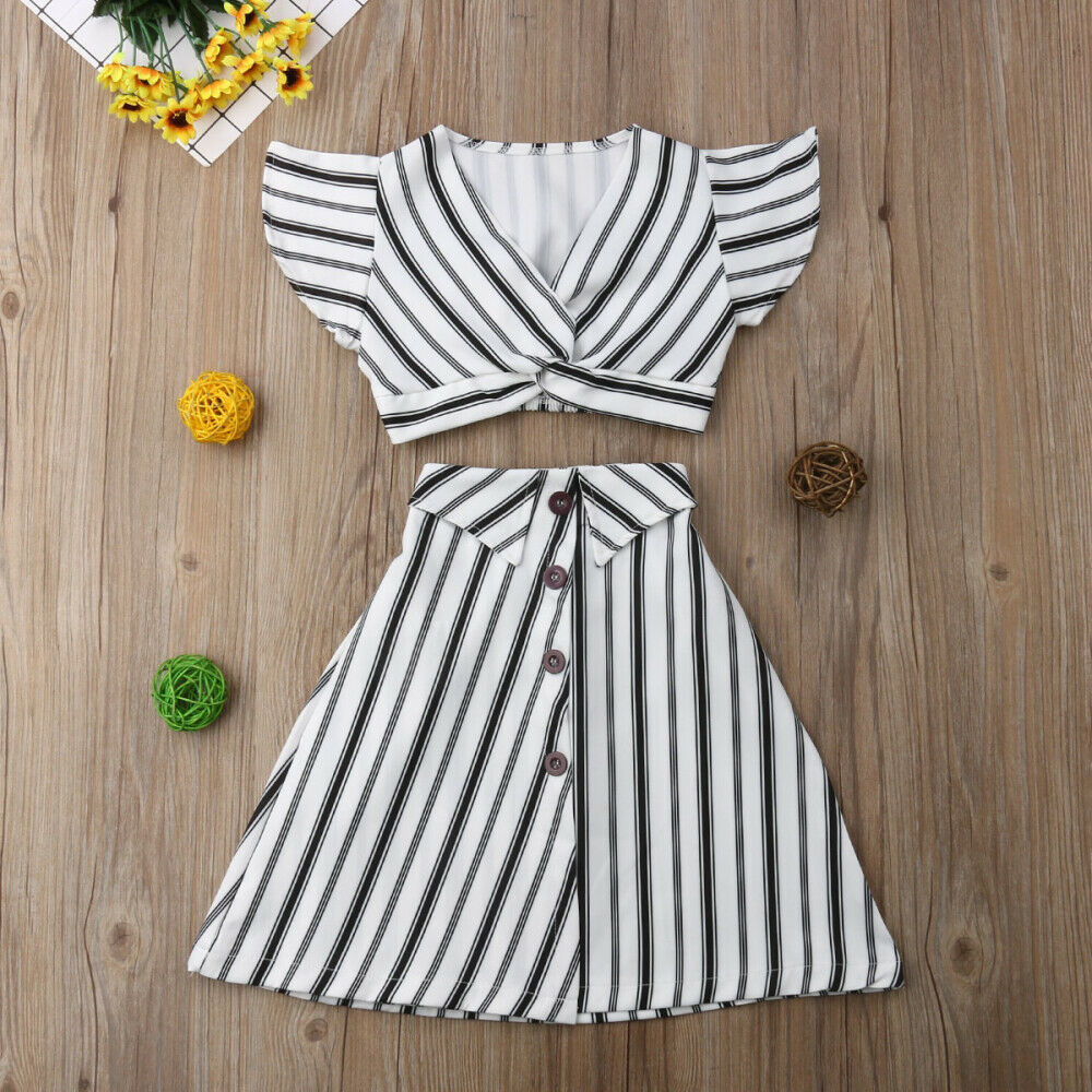 Kids Baby Girls Sleeveless Crop Tops+A-line Skirt Striped Clothes Outfit Set - image 3 of 5
